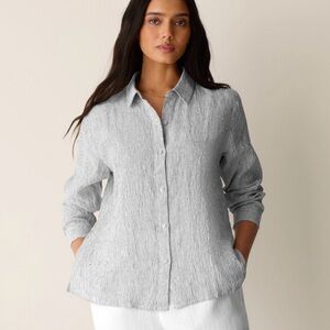 Eileen Fisher • Puckered Organic Linen Stripe Classic Collar Shirt NEW $188
